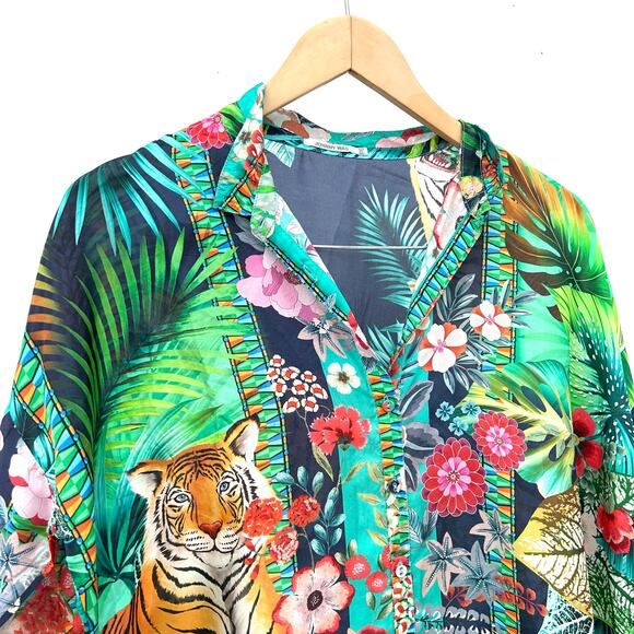 Johnny Was Tigres Et Fleurs Silk Button Down Shirt Tropical Tiger XS Blouse - Picture 7 of 11
